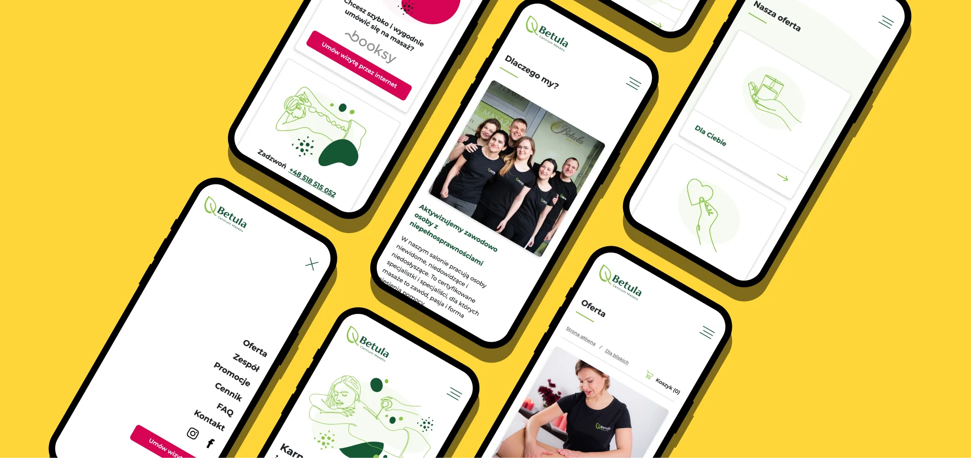Phone mockups with various screens of Centrum Masazu Betula website